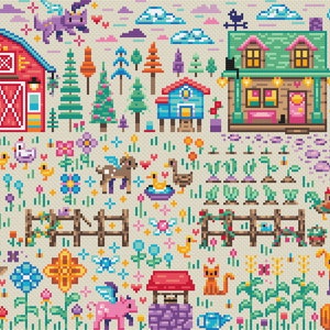 May include: A colorful pixel art illustration of a whimsical farm scene with a red barn, a green house, a blue chicken coop, a well, a fence, and various animals including a unicorn, a fox, a deer, a cow, a sheep, a goose, a chicken, a cat, and a dog. The scene is set against a light beige background with clouds and stars.