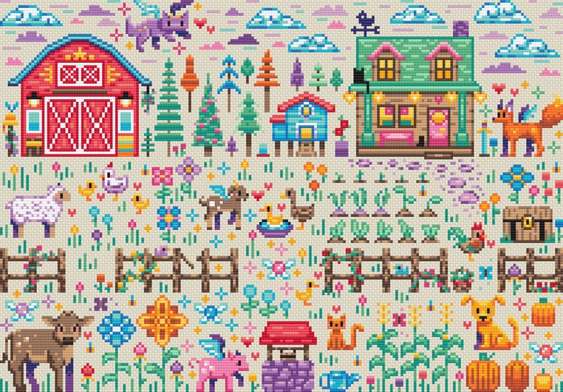 May include: A colorful pixel art illustration of a whimsical farm scene with a red barn, a green house, a blue chicken coop, a well, a fence, and various animals including a unicorn, a fox, a deer, a cow, a sheep, a goose, a chicken, a cat, and a dog. The scene is set against a light beige background with clouds and stars.