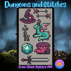 Puede incluir: Patrón de punto de cruz PDF para Dungeons and Stitches, con un sombrero de bruja morado, un dragón verde, un cofre, una espada y una gema.