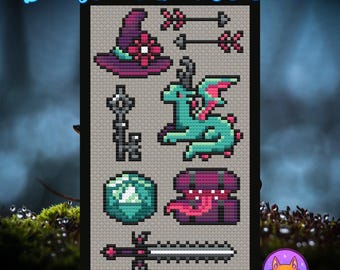 May include: Cross stitch pattern PDF for Dungeons and Stitches, featuring a purple witch hat, a green dragon, a chest, a sword, and a gem.