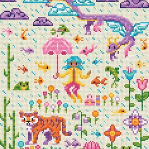 May include: A colorful pixel art scene with a girl holding a pink umbrella, a tiger, a dragon, and many flowers and fish. The scene is set against a light blue background with white rain.