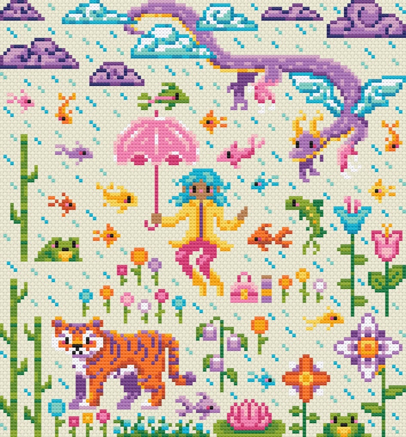 May include: A colorful pixel art scene with a girl holding a pink umbrella, a tiger, a dragon, and many flowers and fish. The scene is set against a light blue background with white rain.