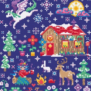 May include: A pixel art illustration of a winter scene with a small house, a unicorn flying in the sky, a deer, a rabbit, a witch, and a campfire. The background is a dark blue with white stars.
