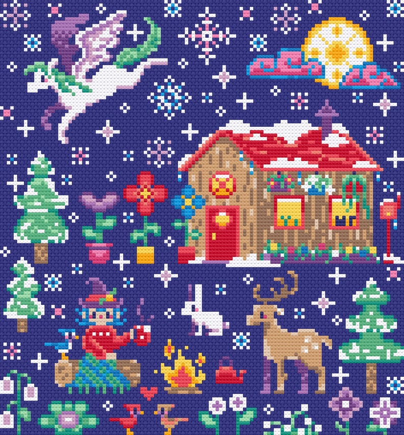 May include: A pixel art illustration of a winter scene with a small house, a unicorn flying in the sky, a deer, a rabbit, a witch, and a campfire. The background is a dark blue with white stars.
