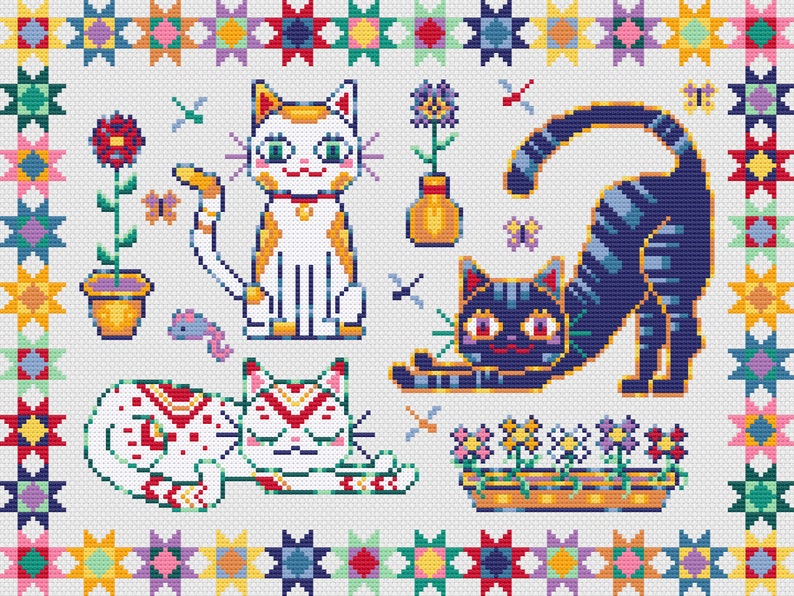 May include: A cross-stitch pattern featuring three cats with different colored fur and patterns. The cats are surrounded by flowers, butterflies, and a potted plant. The background is a white fabric with a colorful border.