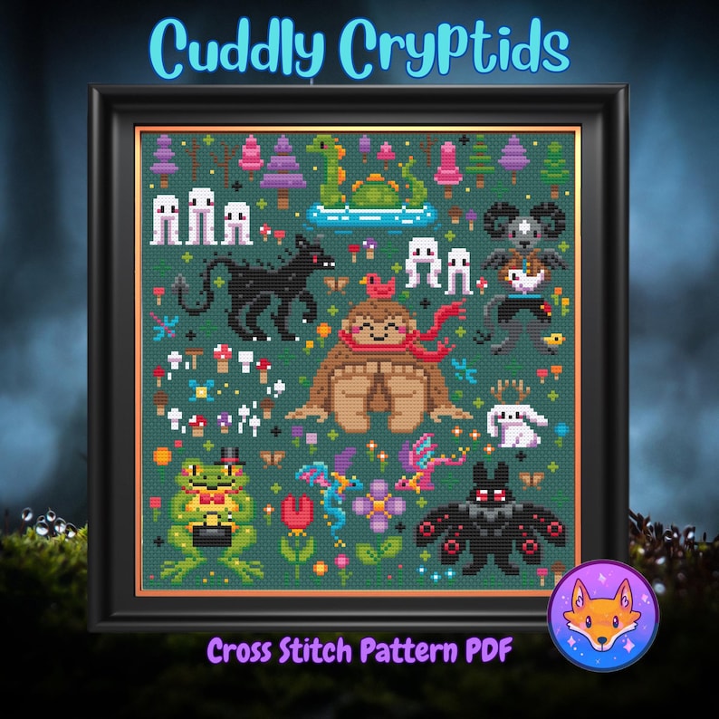 May include: A cross stitch pattern featuring a variety of cute cryptids, including a sasquatch, a mothman, a Jersey Devil, and a Bigfoot. The pattern is set against a green background with flowers and mushrooms. The text "Cuddly Cryptids" is at the top of the pattern, and "Cross Stitch Pattern PDF" is at the bottom.