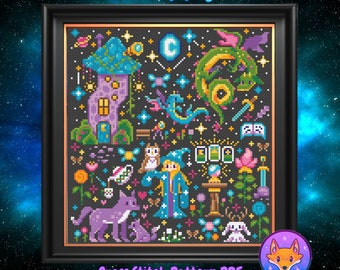 May include: A cross stitch pattern PDF for a colorful design featuring a magical house, a wizard, a dragon, and other whimsical elements. The design is set against a dark blue background with stars. The title "Star Magic" is at the top of the image.