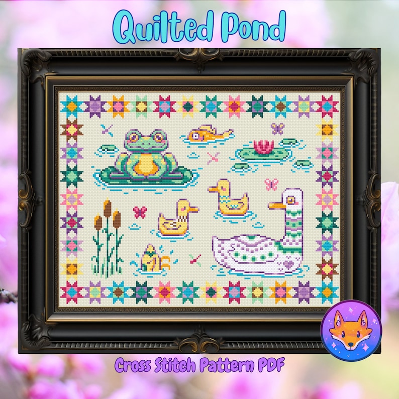 May include: A cross stitch pattern PDF for a quilted pond scene with a frog, ducks, and a lily pad. The pattern is framed in a black frame with a colorful border of stars.
