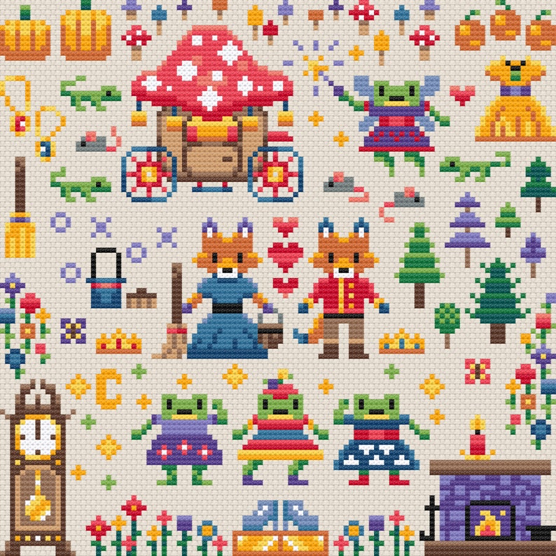 May include: A whimsical cross-stitch pattern featuring a mushroom house, a carriage, a fairy, foxes, frogs, and other woodland creatures. The pattern is filled with bright colors and intricate details.