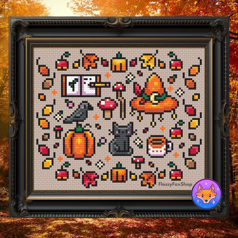May include: A cross-stitch pattern featuring a variety of autumnal and Halloween-themed elements, including a witch's hat, a black cat, a pumpkin, a crow, mushrooms, and leaves. The pattern is surrounded by a brown frame and includes the text "FlossyFoxShop".