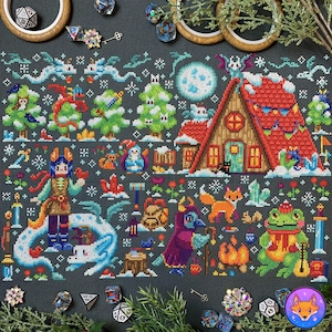 May include: A cross-stitch pattern featuring a cozy winter scene with a small cottage, a dragon, a frog playing a lute, a fox, and a wizard. The scene is set against a dark blue background with snowflakes and other wintery details.