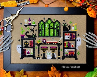 Étagères hantées - Modèle de point de croix d'Halloween pour les amoureux des livres (PDF)