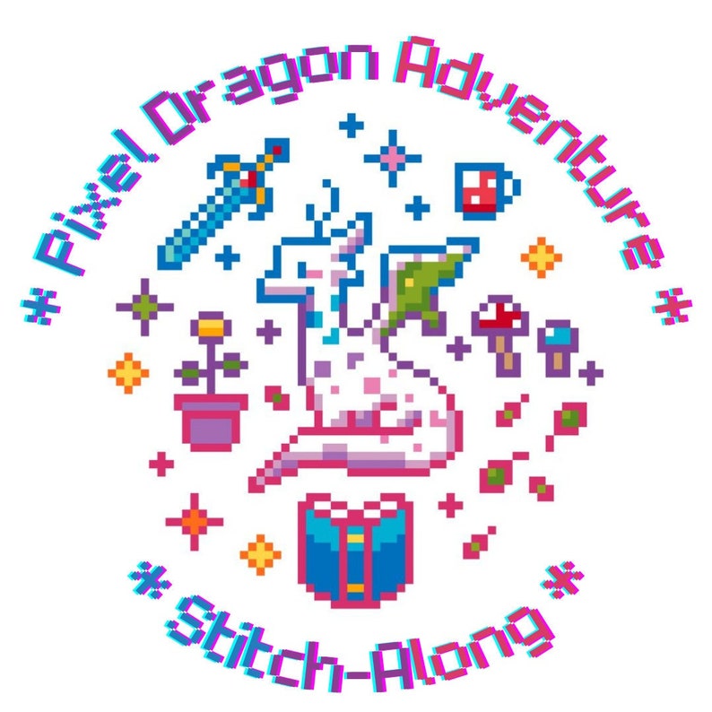 May include: A pixel art design featuring a white dragon with green wings, a sword, a flower pot, a mushroom, a cup of tea, and a book. The text around the design reads "# Pixel Dragon Adventure # Stitch-Along".