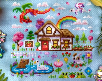 Strawberry Farm - Cozy Cottagecore Capybara Fantasy Cross Stitch Pattern PDF