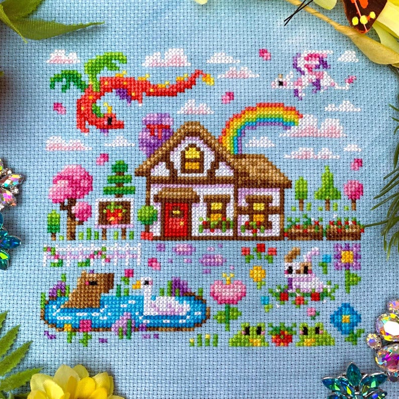 Strawberry Farm - Cozy Cottagecore Capybara Fantasy Cross Stitch Pattern PDF image 1