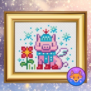 May include: Cross stitch pattern featuring a pink pig wearing a blue hat and scarf, red boots, and standing next to a red flower. The pig is surrounded by blue snowflakes.