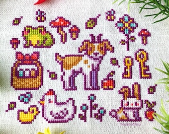 May include: Cross stitch pattern featuring a purple dog, a green frog, a white chicken, a brown rabbit, and a variety of flowers and mushrooms. The pattern is on a white background with the text "FlossyFoxShop" in the bottom right corner.