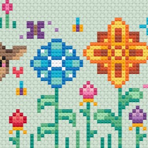 May include: A cross-stitch pattern featuring a brown cow, a pink unicorn with wings, and colorful flowers. The flowers are blue, orange, and red. The background is a light green.