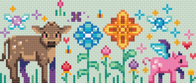 May include: A cross-stitch pattern featuring a brown cow, a pink unicorn with wings, and colorful flowers. The flowers are blue, orange, and red. The background is a light green.