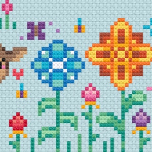 May include: A cross-stitch pattern featuring a brown cow, a pink unicorn, and colorful flowers. The design is on a light blue background with butterflies and stars.