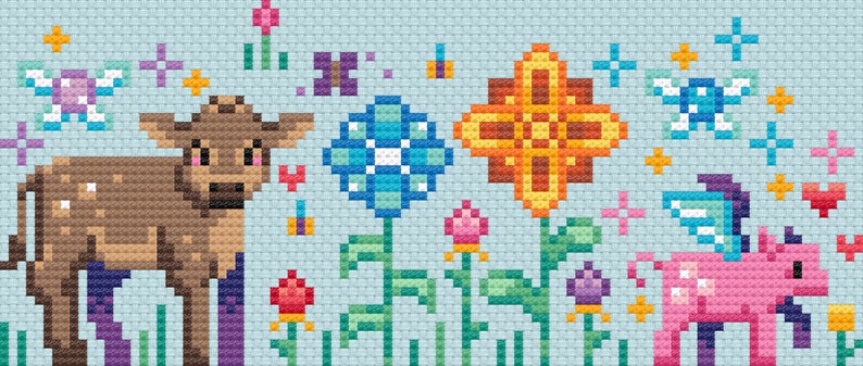 May include: A cross-stitch pattern featuring a brown cow, a pink unicorn, and colorful flowers. The design is on a light blue background with butterflies and stars.