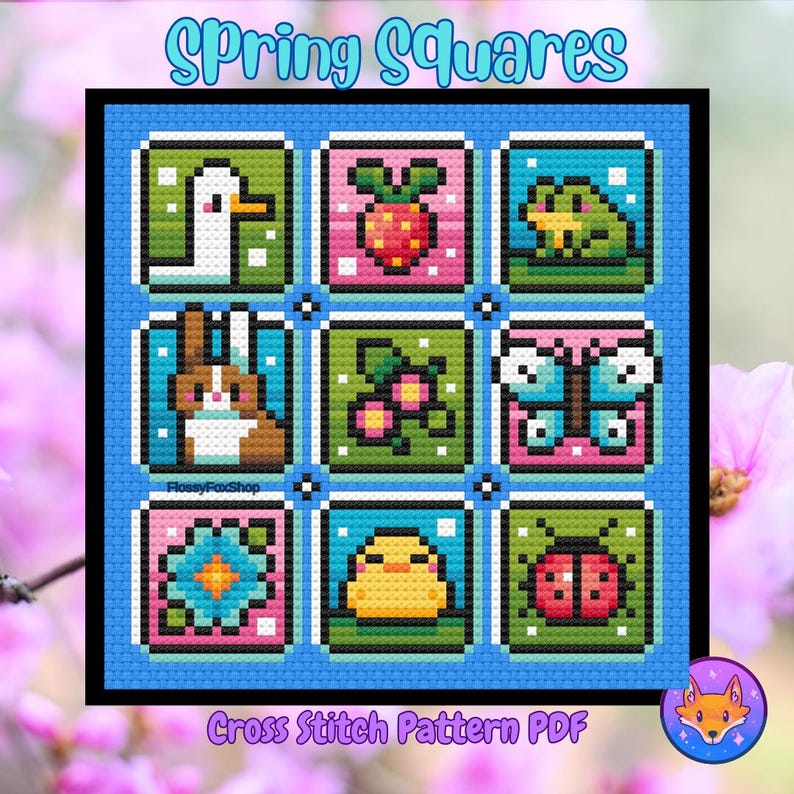 May include: A cross stitch pattern PDF for a spring-themed design featuring nine squares with different images. The squares include a duck, a strawberry, a frog, a bunny, a butterfly, a ladybug, a chick, and a flower. The pattern is titled "Spring Squares".