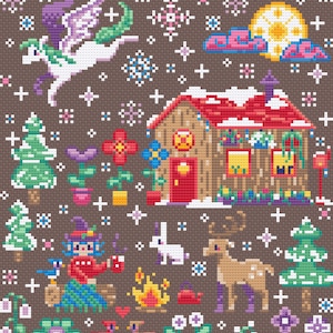 May include: A pixelated illustration of a winter scene with a small house, a unicorn flying in the sky, a deer, a rabbit, a witch, and a Christmas tree. The house has a red roof and a brown exterior. The unicorn is white with purple wings. The deer is brown with antlers. The rabbit is white. The witch is wearing a red hat and a green dress. The Christmas tree is green. The background is brown with snowflakes and stars.
