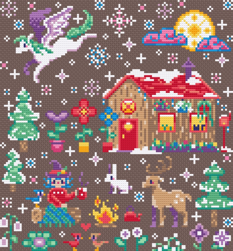 May include: A pixelated illustration of a winter scene with a small house, a unicorn flying in the sky, a deer, a rabbit, a witch, and a Christmas tree. The house has a red roof and a brown exterior. The unicorn is white with purple wings. The deer is brown with antlers. The rabbit is white. The witch is wearing a red hat and a green dress. The Christmas tree is green. The background is brown with snowflakes and stars.