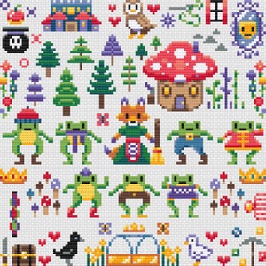K&ouml;nnte beinhalten: Ein fantasievolles Kreuzstichmuster mit verschiedenen Waldtieren, darunter Fr&ouml;sche, F&uuml;chse, Eulen und Pilze. Das Muster ist auf wei&szlig;em Hintergrund und enth&auml;lt verschiedene Farben, darunter Gr&uuml;n, Rot, Blau und Gelb.