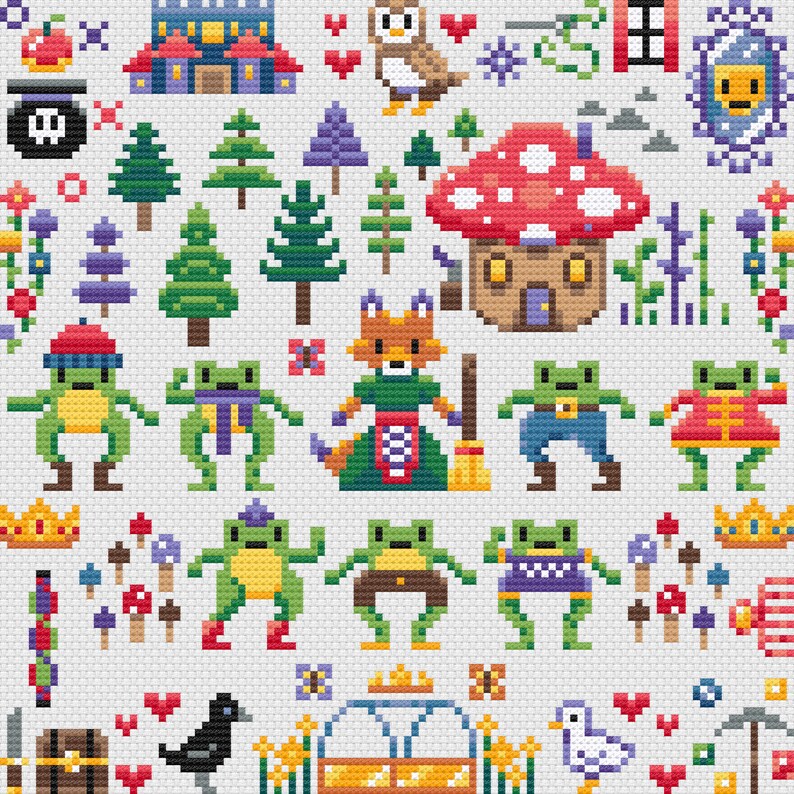 K&ouml;nnte beinhalten: Ein fantasievolles Kreuzstichmuster mit verschiedenen Waldtieren, darunter Fr&ouml;sche, F&uuml;chse, Eulen und Pilze. Das Muster ist auf wei&szlig;em Hintergrund und enth&auml;lt verschiedene Farben, darunter Gr&uuml;n, Rot, Blau und Gelb.