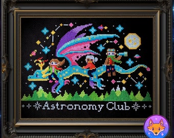 May include: Cross-stitch embroidery of a colorful dragon flying through a starry night sky with four people riding on its back. The dragon is pink, blue, and purple. The people are wearing different colored clothes and hats. The text "Astronomy Club" is stitched below the dragon.