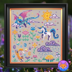 May include: Cross stitch pattern featuring a purple and blue dragon, a white unicorn, a fox, a turtle, and a variety of flowers and clouds. The pattern is set against a light gray background.