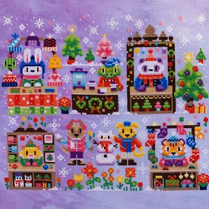 May include: A cross-stitch pattern featuring a winter village scene with various animal characters, including a bunny, a fox, a bear, and a tiger. The scene is set against a purple background with snowflakes and a snowy landscape.