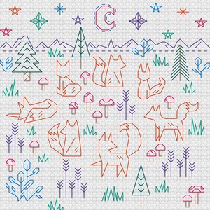 May include: A cross-stitch pattern featuring a night scene with a crescent moon, stars, and a forest with foxes, trees, and mushrooms. The design is done in a variety of colors, including red, blue, green, and brown.