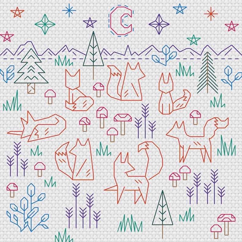 May include: A cross-stitch pattern featuring a night scene with a crescent moon, stars, and a forest with foxes, trees, and mushrooms. The design is done in a variety of colors, including red, blue, green, and brown.