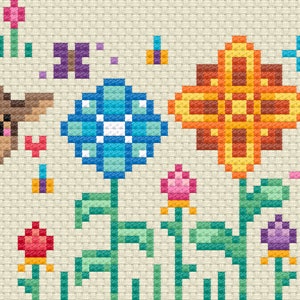 May include: A brown cow with white spots stands in a field of flowers. The flowers are blue, orange, and pink. There are butterflies flying around the flowers.