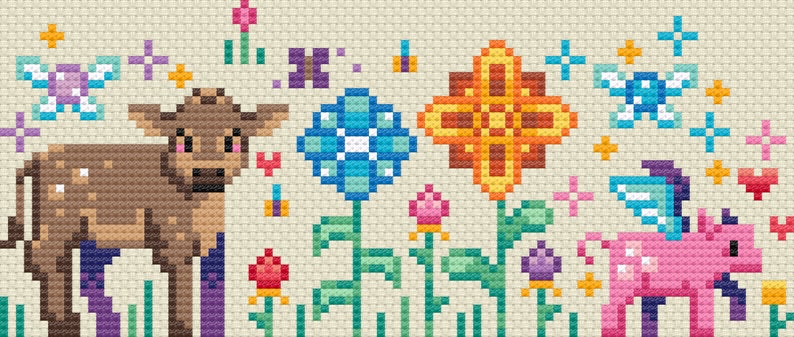May include: A brown cow with white spots stands in a field of flowers. The flowers are blue, orange, and pink. There are butterflies flying around the flowers.