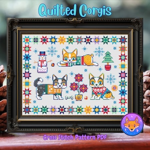 Peut inclure: Patron de point de croix PDF pour un motif de corgi matelass&eacute; avec trois corgis portant des pulls et un bonhomme de neige. Le motif est entour&eacute; d'une bordure color&eacute;e d'&eacute;toiles et de carr&eacute;s.