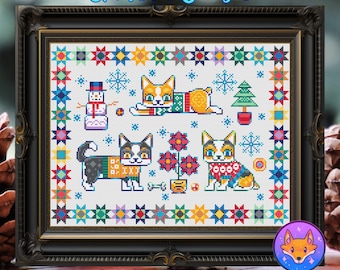 May include: Cross stitch pattern PDF for a quilted corgi design featuring three corgis wearing sweaters and a snowman. The design is surrounded by a colorful border of stars and squares.