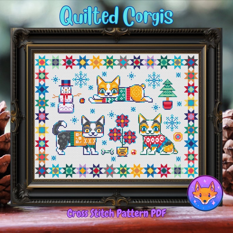 Peut inclure: Patron de point de croix PDF pour un motif de corgi matelass&eacute; avec trois corgis portant des pulls et un bonhomme de neige. Le motif est entour&eacute; d'une bordure color&eacute;e d'&eacute;toiles et de carr&eacute;s.