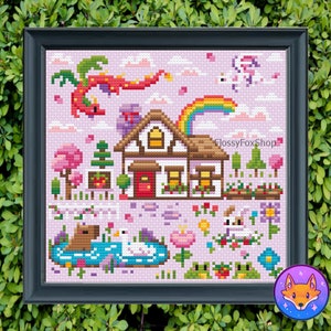 May include: Cross stitch pattern featuring a pink and purple landscape with a house, a rainbow, a dragon, a unicorn, a pond with ducks and a beaver, and flowers. The pattern is titled "FlossyFoxShop".