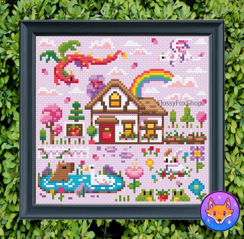 May include: Cross stitch pattern featuring a pink and purple landscape with a house, a rainbow, a dragon, a unicorn, a pond with ducks and a beaver, and flowers. The pattern is titled "FlossyFoxShop".