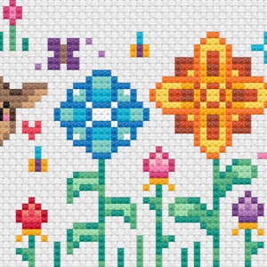 May include: A cross-stitch pattern featuring a brown cow, a pink unicorn with wings, and colorful flowers. The flowers are blue, yellow, and red. The background is white.