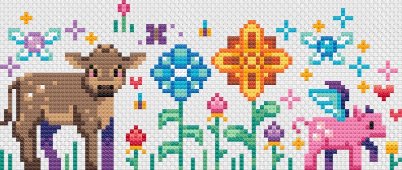 May include: A cross-stitch pattern featuring a brown cow, a pink unicorn with wings, and colorful flowers. The flowers are blue, yellow, and red. The background is white.