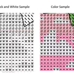 May include: Black and white and color samples of a cross-stitch pattern. The pattern is a grid of squares with different symbols in each square. The symbols are "O", "W", "=", and "M". The color sample shows the pattern with pink, green, and black squares.