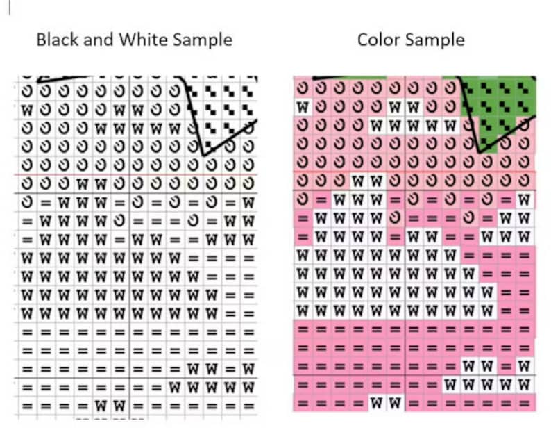 May include: Black and white and color samples of a cross-stitch pattern. The pattern is a grid of squares with different symbols in each square. The symbols are "O", "W", "=", and "M". The color sample shows the pattern with pink, green, and black squares.