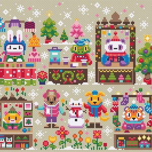 May include: A colorful pixel art illustration of a winter holiday market with various animal characters selling goods. There are stalls with gifts, ornaments, and other festive items. The illustration features a snowman, a reindeer, a penguin, and other animals.