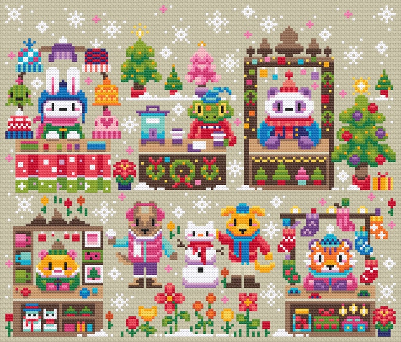 May include: A colorful pixel art illustration of a winter holiday market with various animal characters selling goods. There are stalls with gifts, ornaments, and other festive items. The illustration features a snowman, a reindeer, a penguin, and other animals.