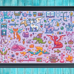 May include: A cross-stitch pattern featuring a variety of colorful pixelated images, including dragons, cats, birds, and other fantasy creatures. The pattern is set against a light purple background.