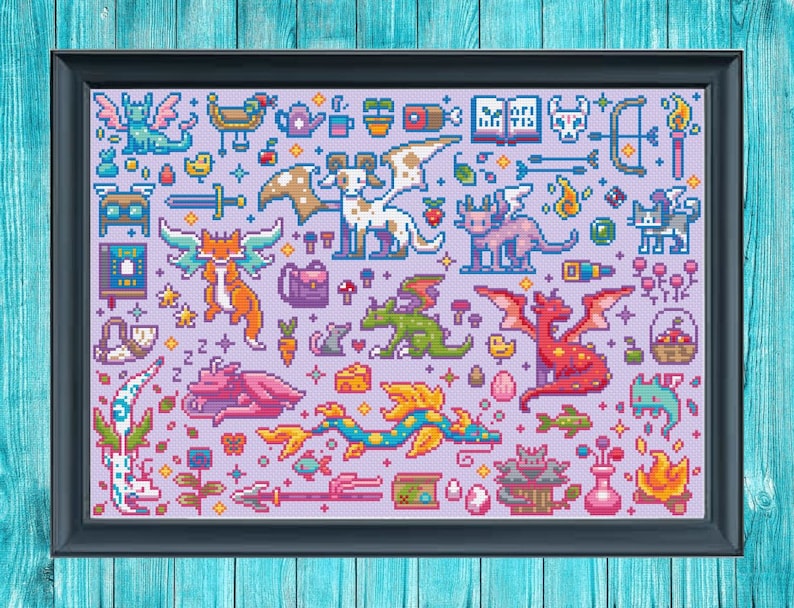May include: A cross-stitch pattern featuring a variety of colorful pixelated images, including dragons, cats, birds, and other fantasy creatures. The pattern is set against a light purple background.